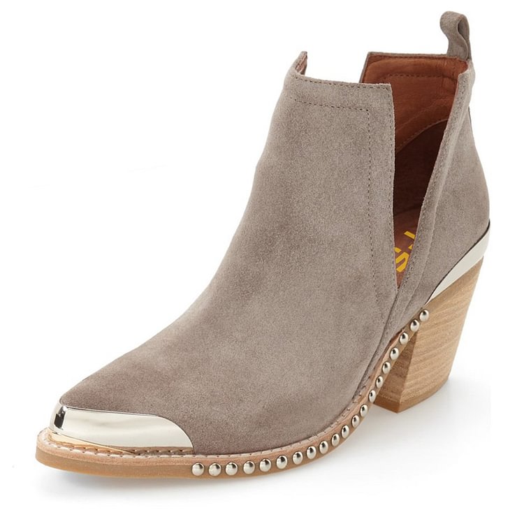 Taupe Cut Out Boots Suede Metal Pointy Toe Studs Short Boots |FSJ Shoes