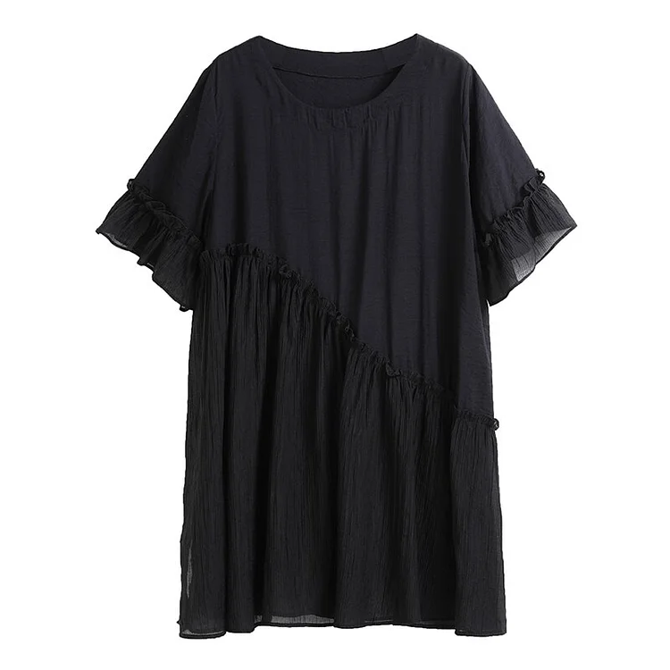 Casual Loose Solid Color O-neck Pleated Patchwork Short Sleeve With Ruffle Blouse                   
