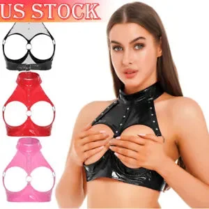 pornhint Pornhint US Women Shiny Leather Cupless Bra Tops O Ring Halter Lingerie Camisole Clubwear