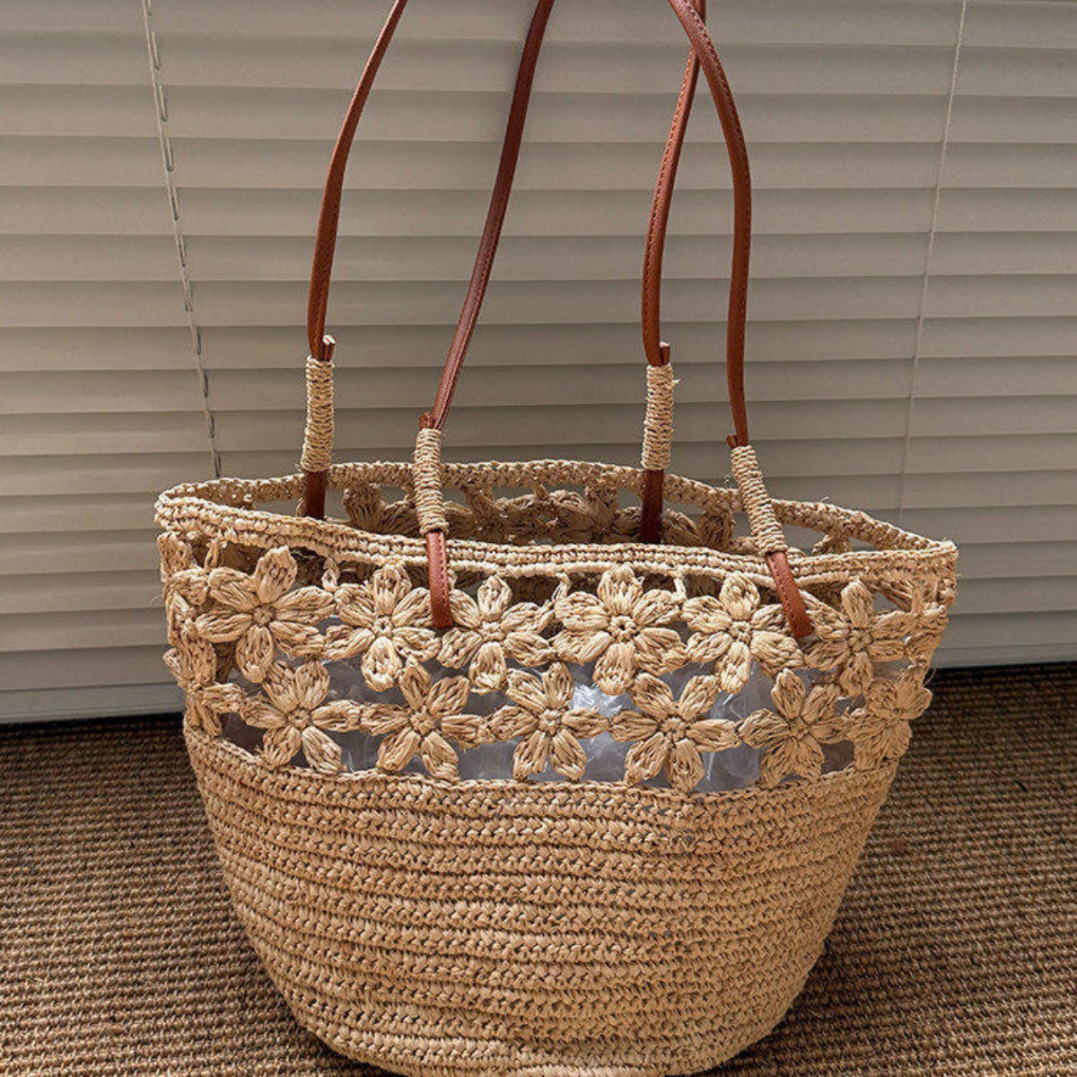 Handmade Floral Crochet Raffia Tote Bag Hollow Woven Natural Straw Shoulder Bag Summer Beach Vacation Bucket Handbag-MERUMOTE