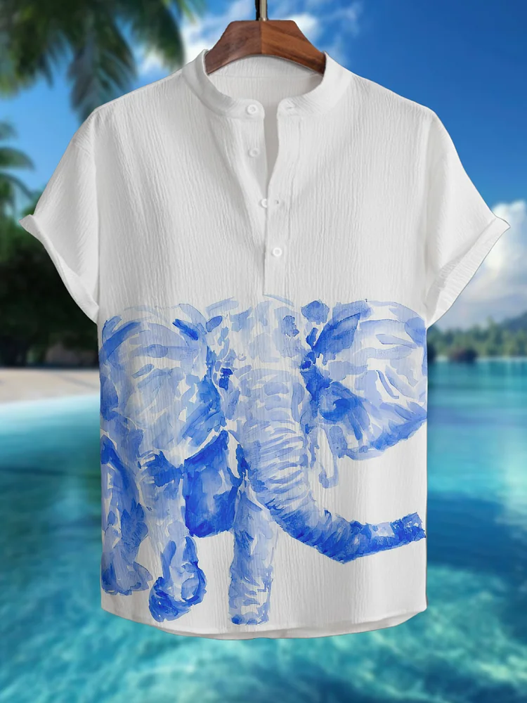 Men's Blue Elephant Watercolor Painting Print Half Button Shirt
