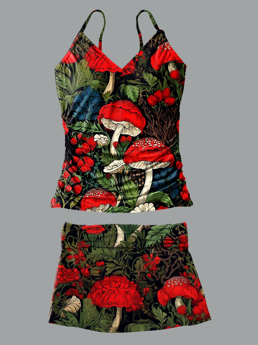 Red Mushroom Print V Neck Bikini Swimsuit
