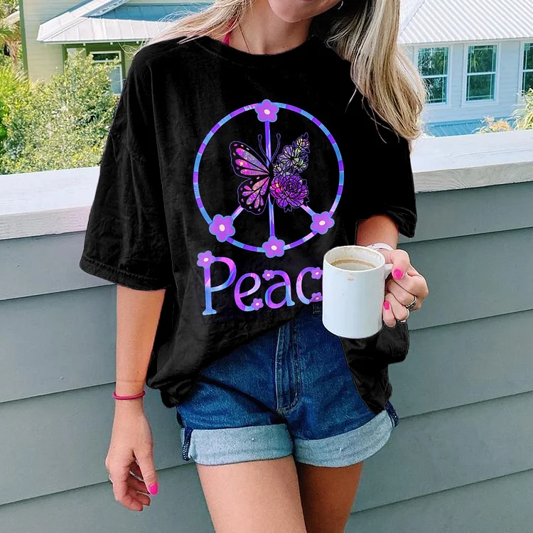 Vintage Butterfly Anti-War Logo Print T-Shirt