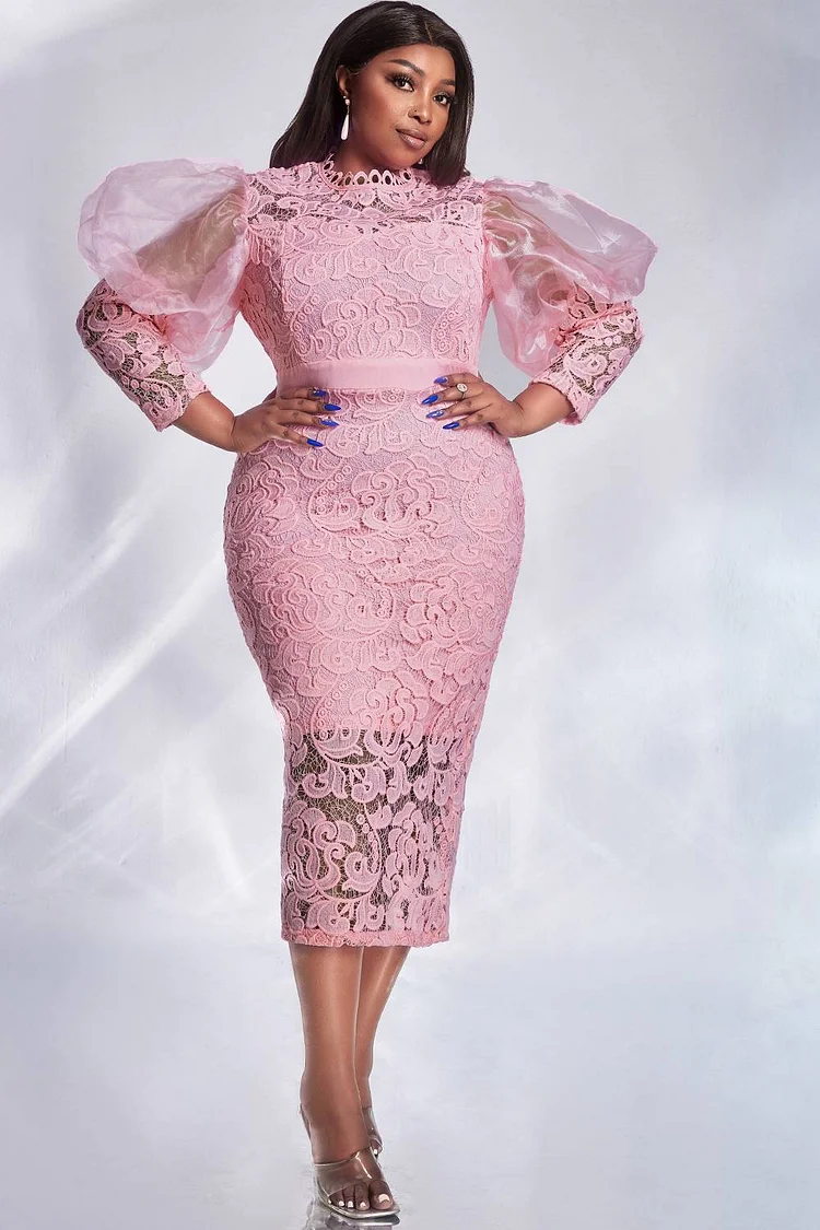 Plus Size Formal Dress Pink Lace Puff Sleeve See-Through Midi Dress [Pre-Order]