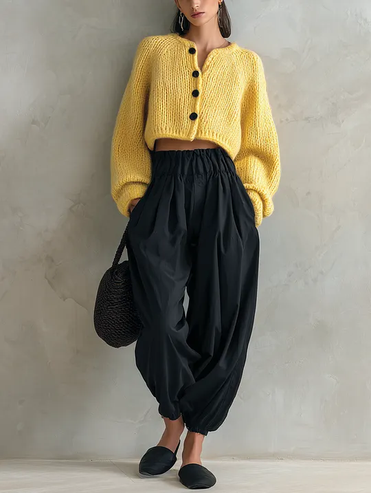 Women's Casual Yellow Long-sleeved Knit Cardigan Paired With Black Woven Trousers MD
