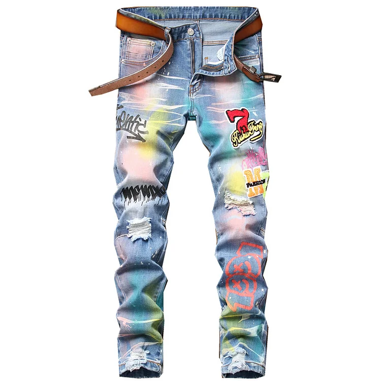 patched ripped denim men jean slim fit streetwear pantalones jeans