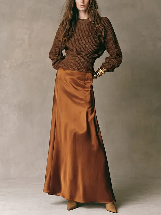 Women's Casual Dark Brown Long-sleeved Knit Top Paired With A Light Brown Satin Skirt MD