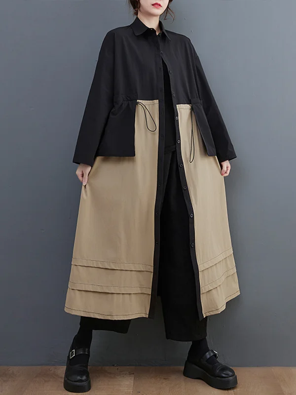 Vintage Long Sleeves Roomy Contrast Color Split-Joint Polo Trench Coats