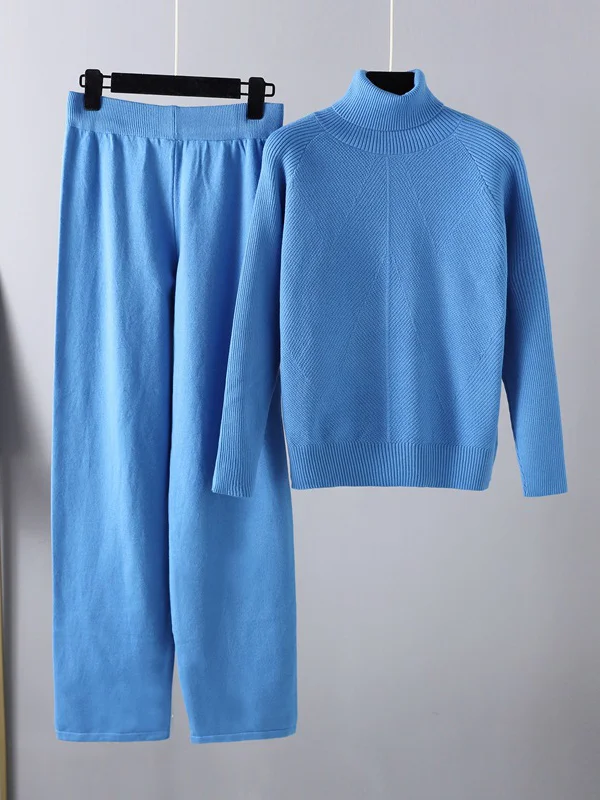 Urban Long Sleeves Loose Solid Half Turtleneck Sweater Tops & Wide Leg Pants Two Pieces Set