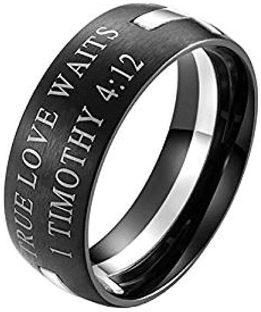 JAJAFOOK Jewelry Men's Stainless Steel 1 Timothy 4:12 Bible Verse Cross Prayer Ring Gold and Silver