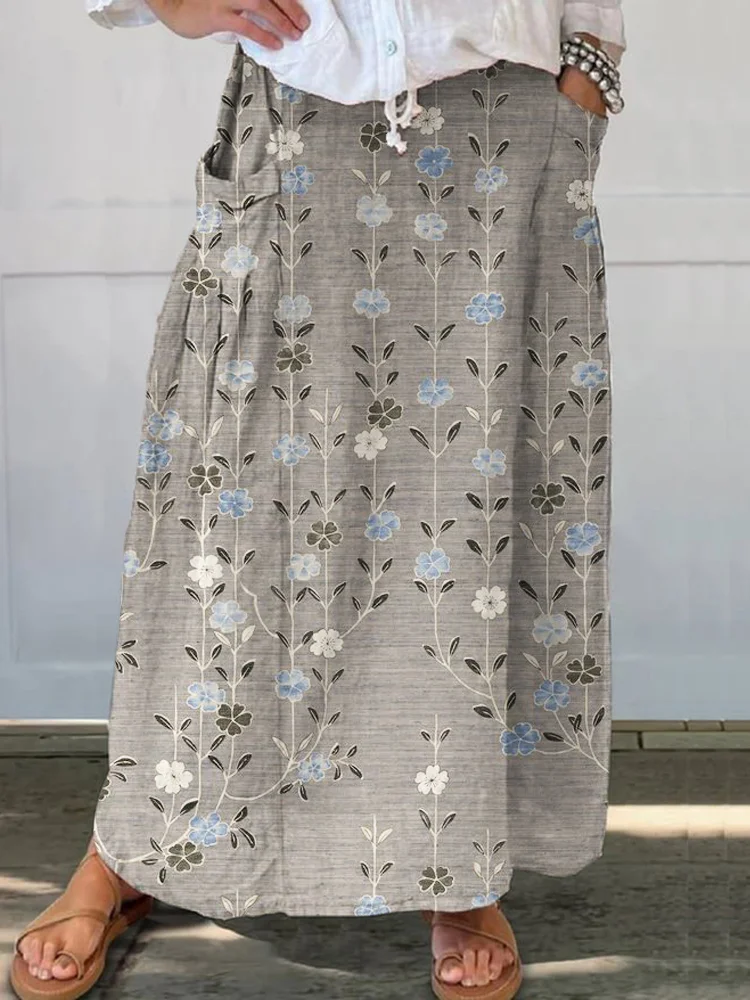 Comstylish Fresh Floral Print Linen Pocket Half Skirt
