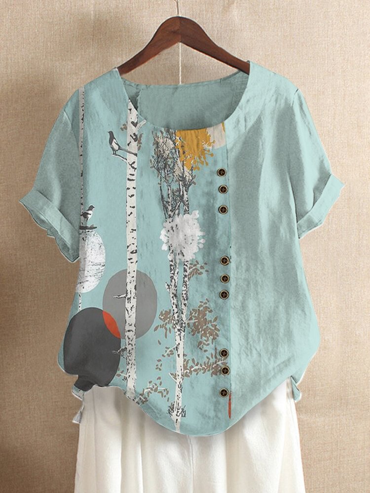 Plants Print Short Sleeve O neck Patchwork Button Casual T Shirt P1812085