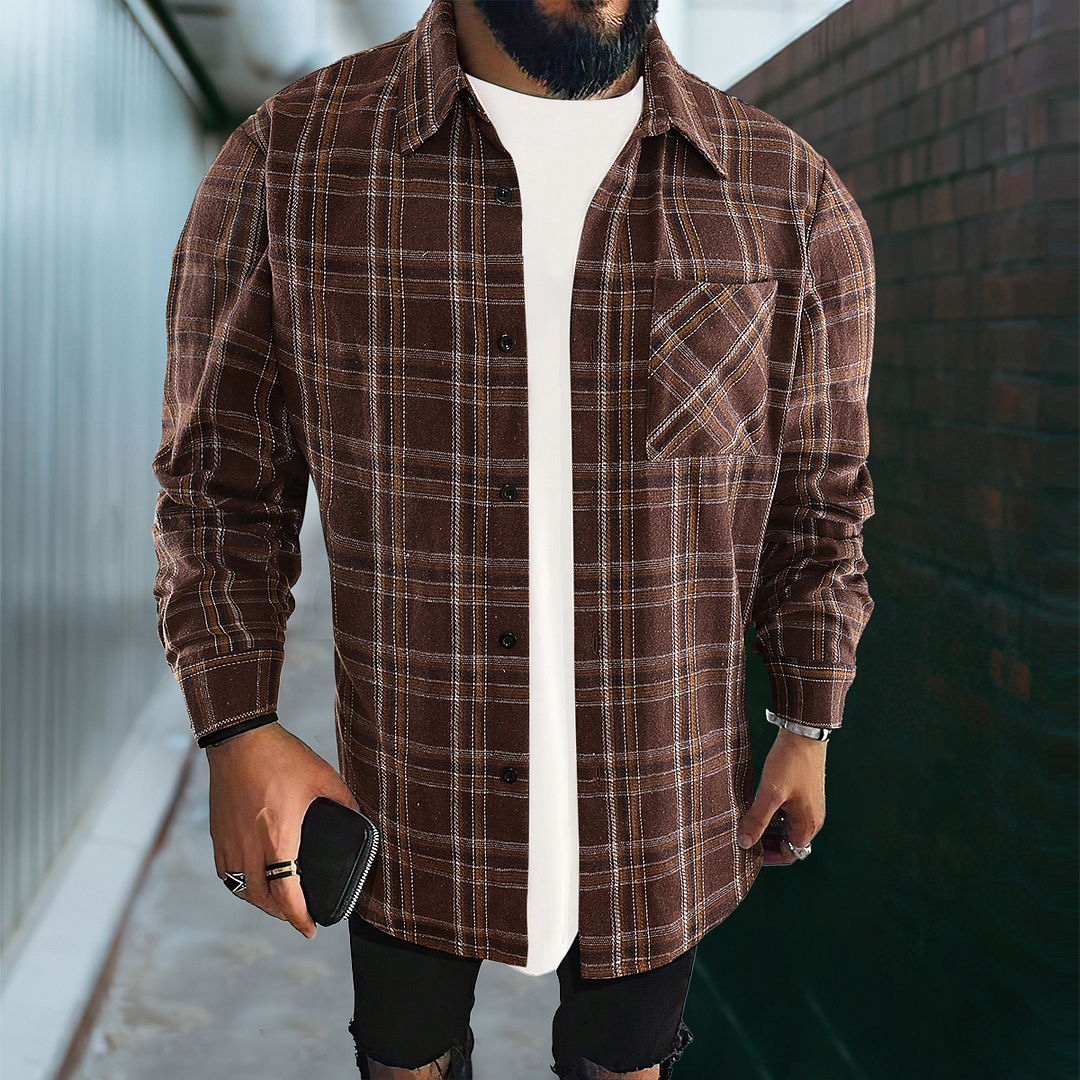 Dark red plaid single side pocket shirt - Devcarry