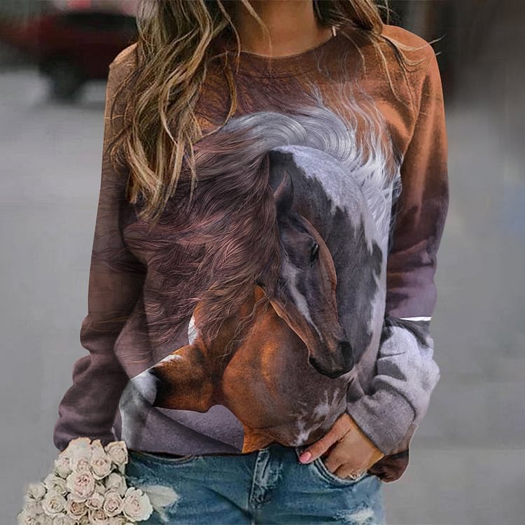 VChics Vintage Western Horse Print Crew Neck Long Sleeve Sweatshirt