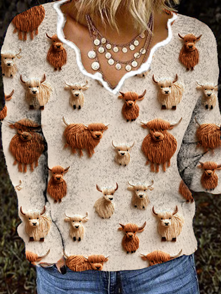 Comstylish Highland Yak Print Long Sleeve Casual Knitted Sweater