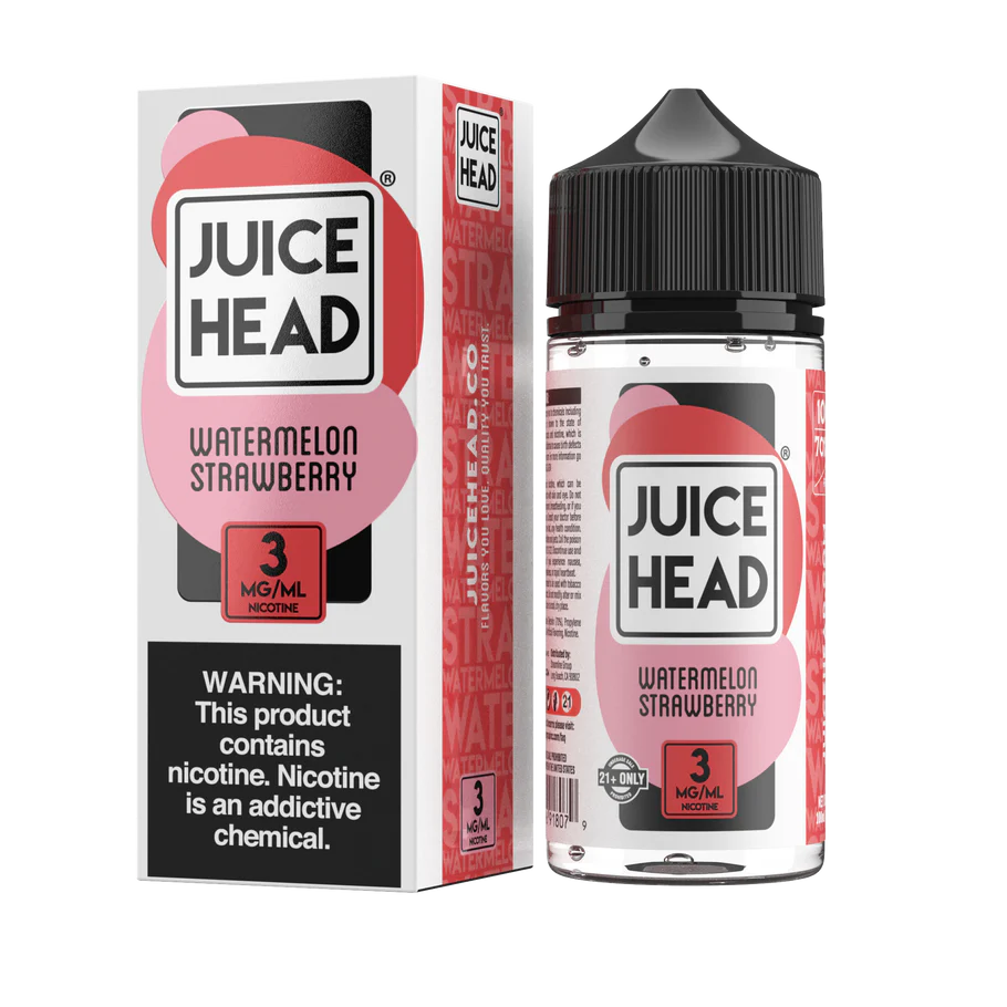 Juice Head 100mL Watermelon Strawberry e-liquid bottle with box, 3mg/mL nicotine.
