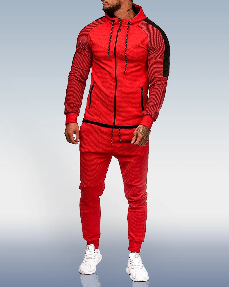 Men's red Striped Stitching Sports Two Piece Set 004