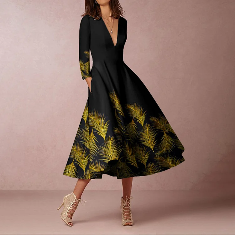 Vefave V-Neck Gold Feather Print Midi Dress