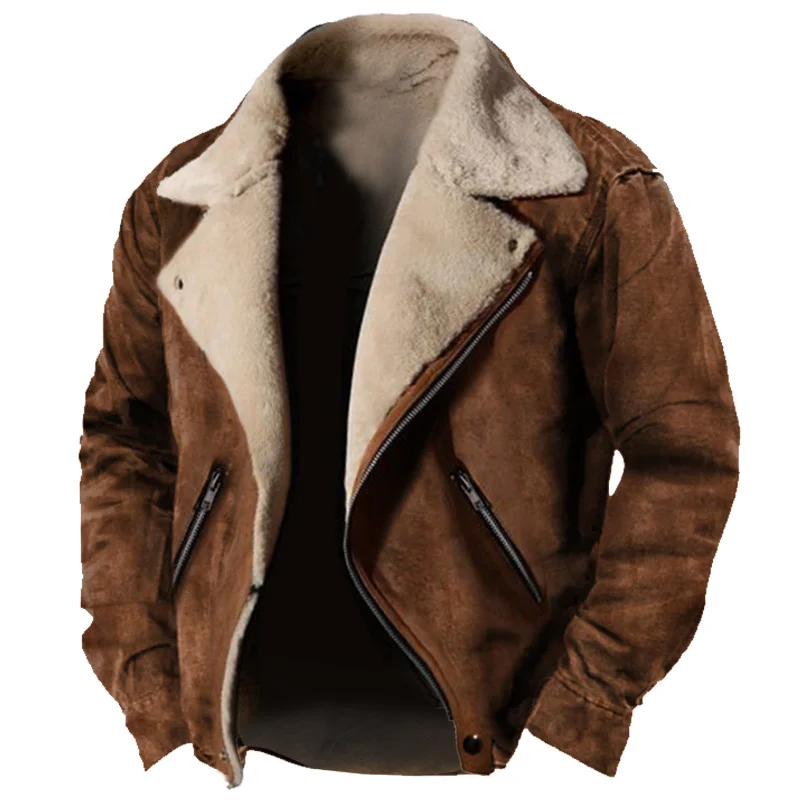 Men's Vintage Outdoor Training Suede Zip Pocket Lamb Fleece Collar Warm Jacket、、URBENIE