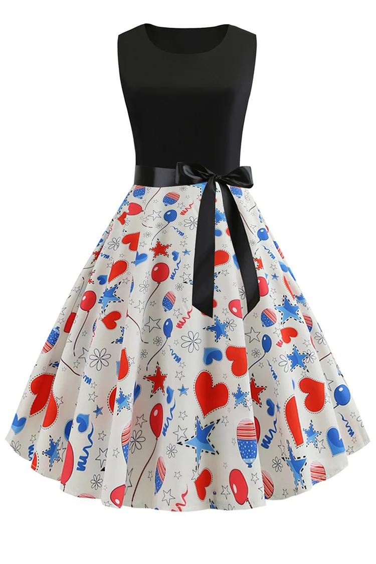 1950s White Party Patchwork Pattern Print Bow Sash Flare Swing Midi Dress