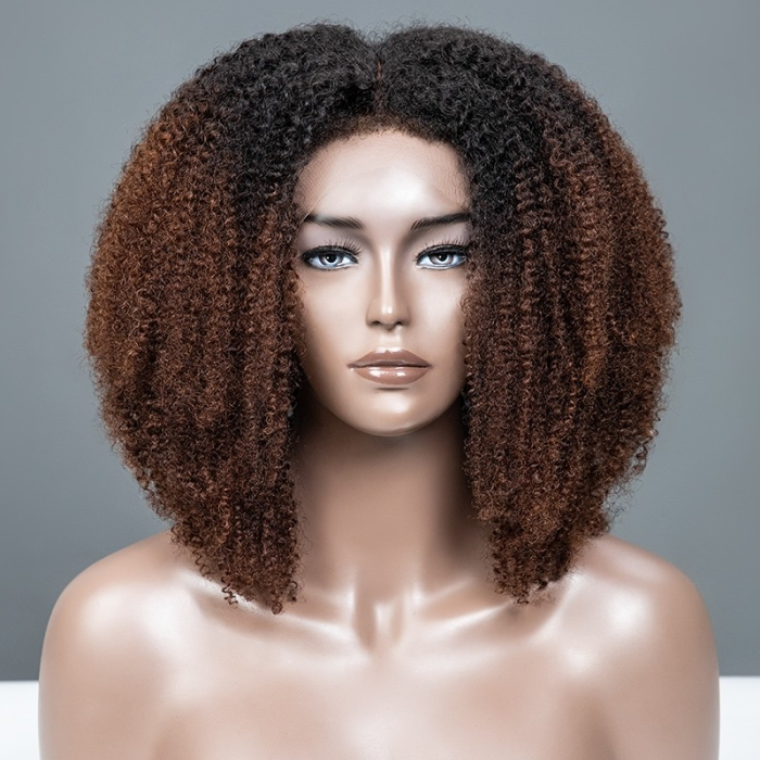 4C Edge! Afro Curly Ombre Brown HD Lace Frontal Wig