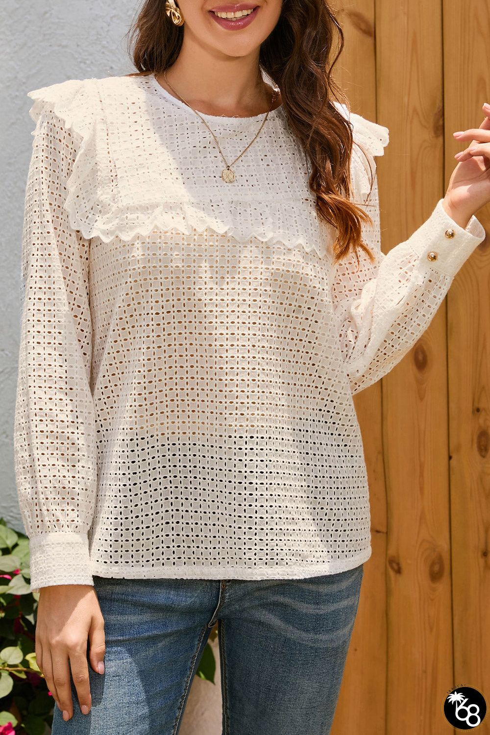 Beige Hollowed Long Sleeve Round Neck Ruffled Blouse | 168DEAL