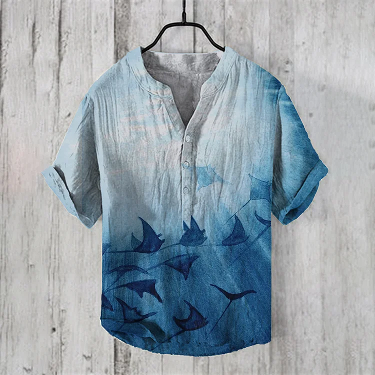Comstylish Manta Rays Art Print Linen Blend Casual Shirt