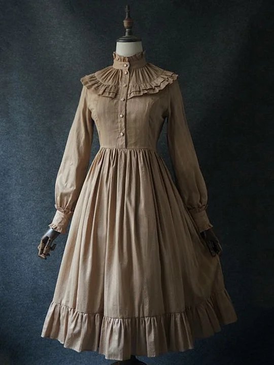 Cotton Linen Vintage Buttoned Flounce Dress