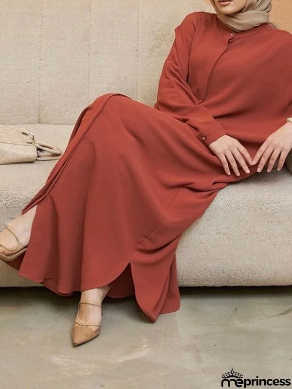 Batwing Sleeves Loose Buttoned Muslim Solid Color Split-Side Round-Neck Maxi Dresses