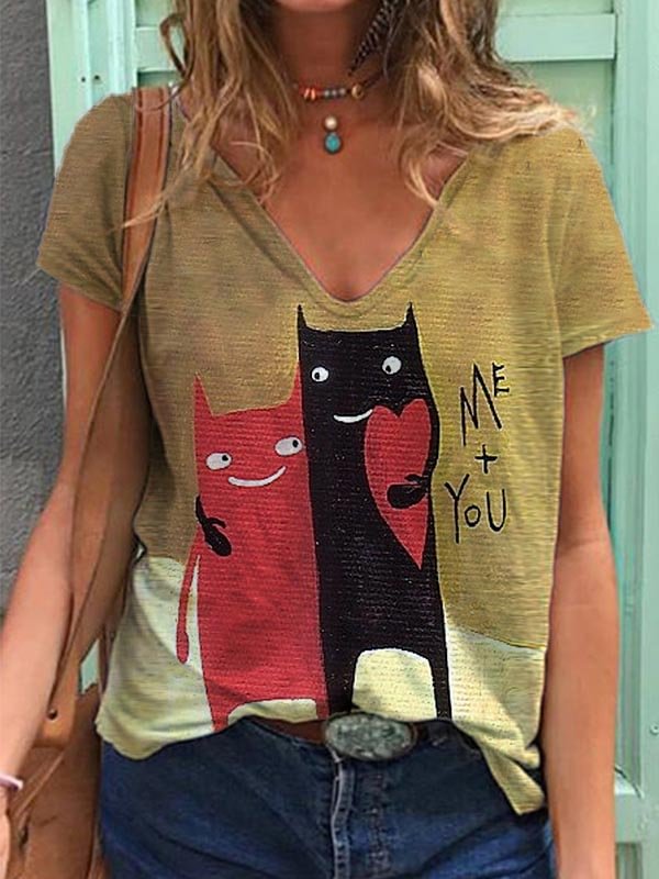 Me + You Cats Printed V-Neck Tee