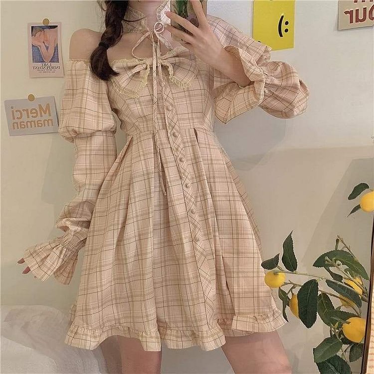 Sweet Plaid Bubble Sleeve Bowknot Strapless Dress SP15702