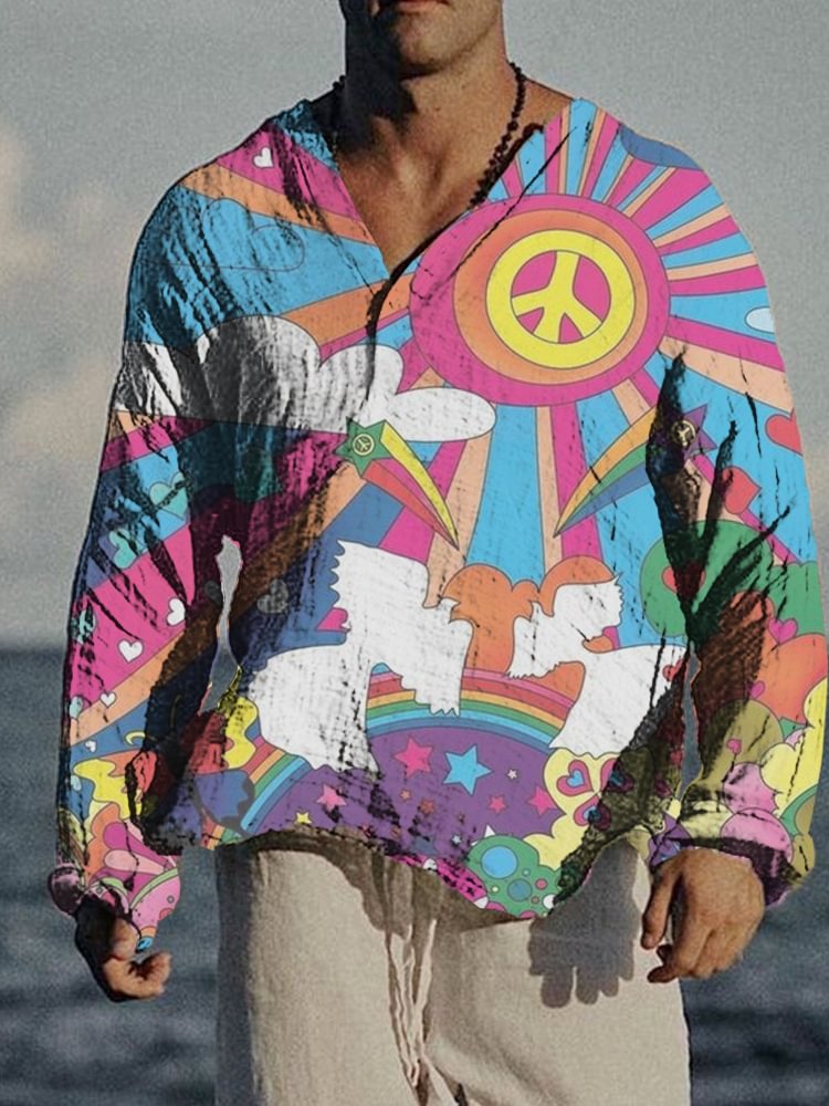 Men's printed cotton linen long sleeved shirt top