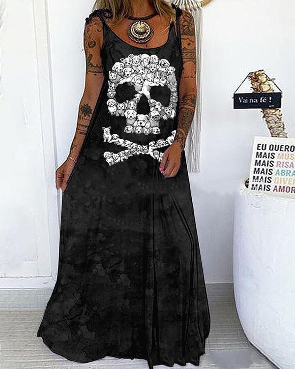 Skull Print Lace up Spaghetti-Strap Sexy Maxi Dress - Chicaggo
