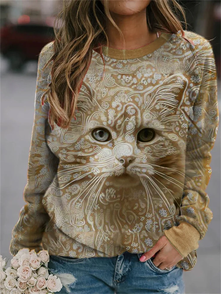 Vefave Cat Face Floral Art Graphic Sweatshirt