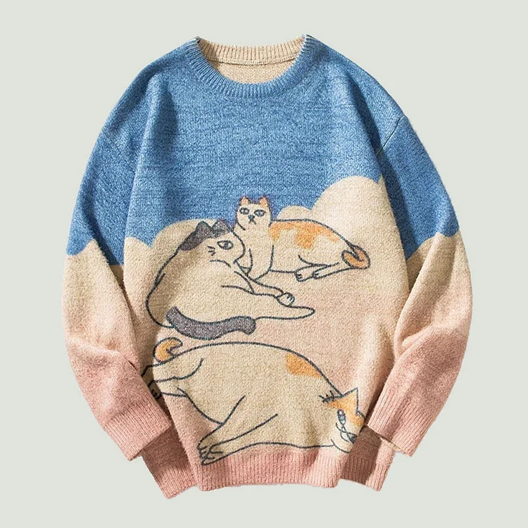 Pet Cat Pattern Printed Patchwork Jumpers Winter Casual O-Neck Pullover Unisex