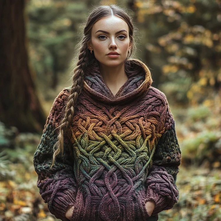 Women's Celtic Knot Colorful Vintage Jacquard Turtleneck Pocket Sweater