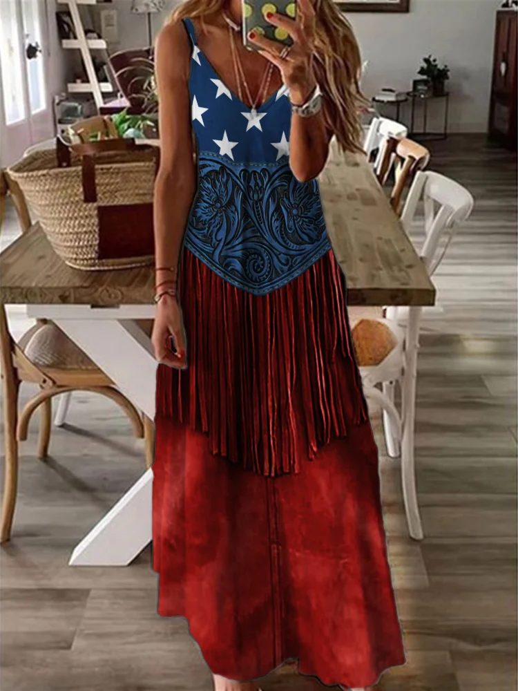 Comstylish American Flag Inspired Floral Tassels Maxi Dress