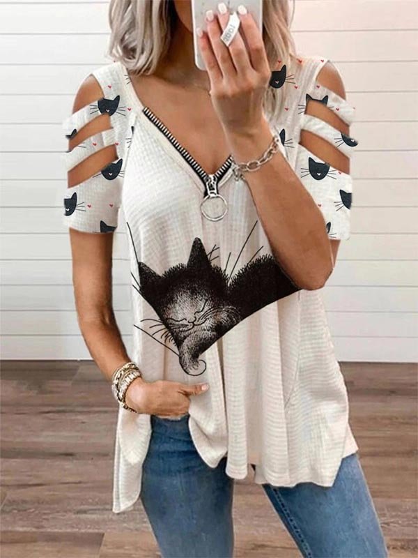 Lovely Sleeping Cat Printed Cutout-Short-Sleeve Tee