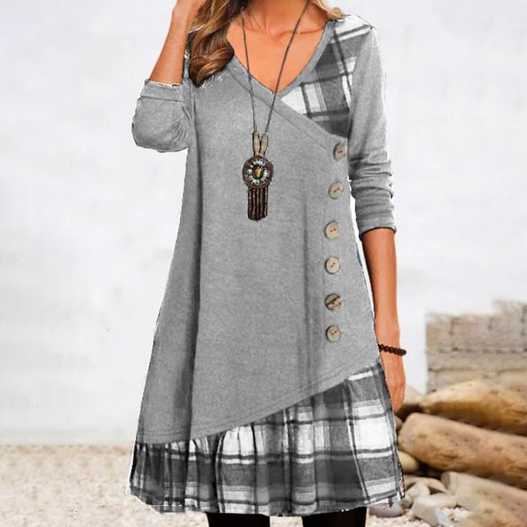 Comstylish V-Neck Paneled Contrast Plaid Print Midi Dress