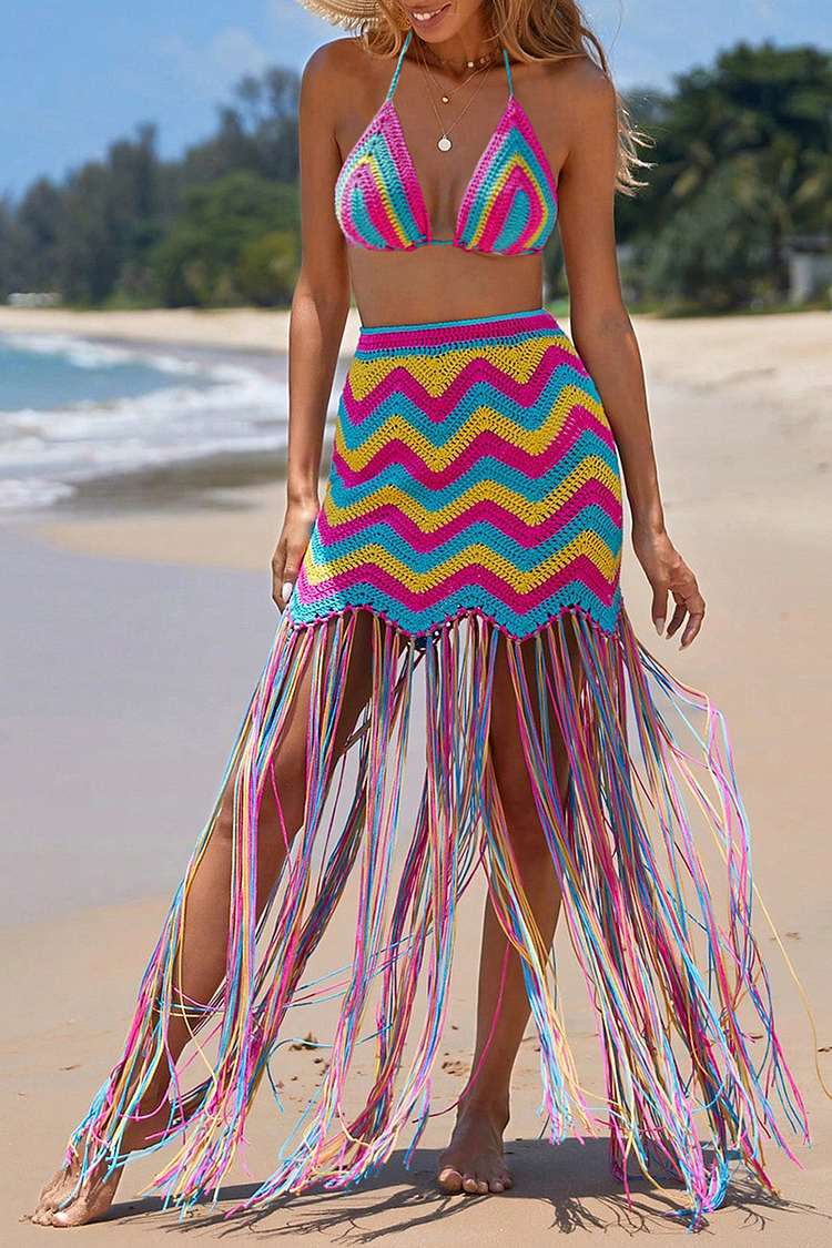 Crochet Wavy Pattern Halter Bra Bodycon Fringed Maxi Skirt Matching Set-Pink