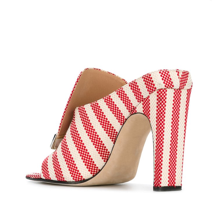 FSJ Red and Ivory Stripes Mule Heels Open Toe Office Chunky Heels |FSJ Shoes