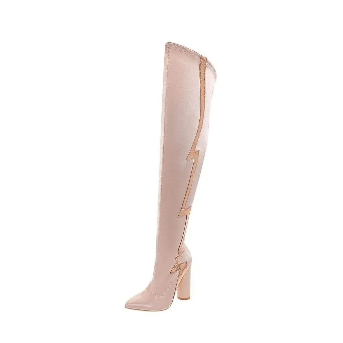 Flash Stripe Chunky Heel Over-The-Knee Boots - Nude Color Vdcoo