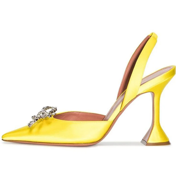 Yellow Slingback Satin Pumps Pointed Toe Wedding Rhinestones Bow Heels |FSJ Shoes