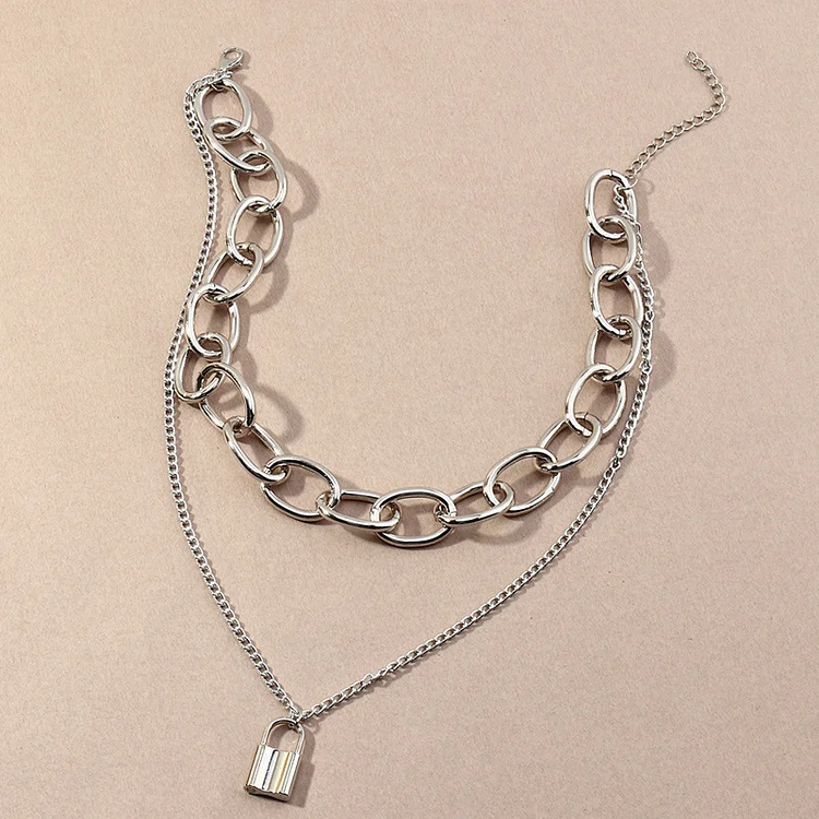 Nz1982 Fashion Ornament Elegance and Creativity Alloy Thickness Double Layer Chain Lock-Shaped Pendant Necklace