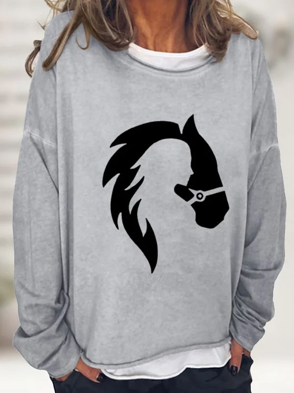 Women's Girl And Horse Silhouette Casual Long-Sleeve T-Shirt