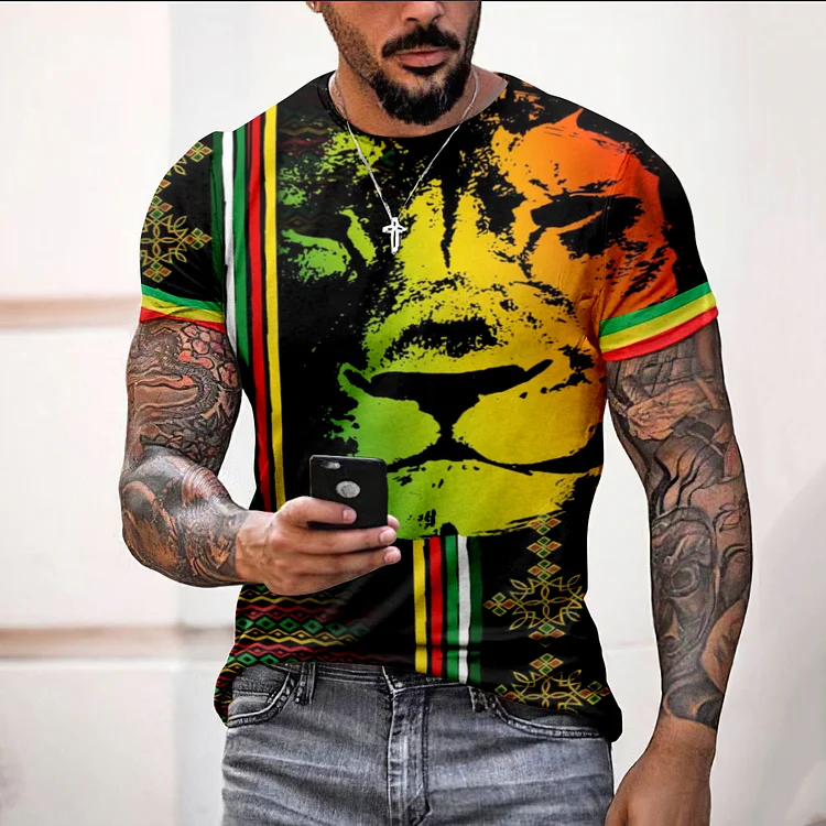 BrosWear Casual Reggae Vibe Ethnic Lion Print Short Sleeve T-Shirt