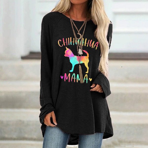 Vefave Colorful Dog Print Crew Neck Tunic