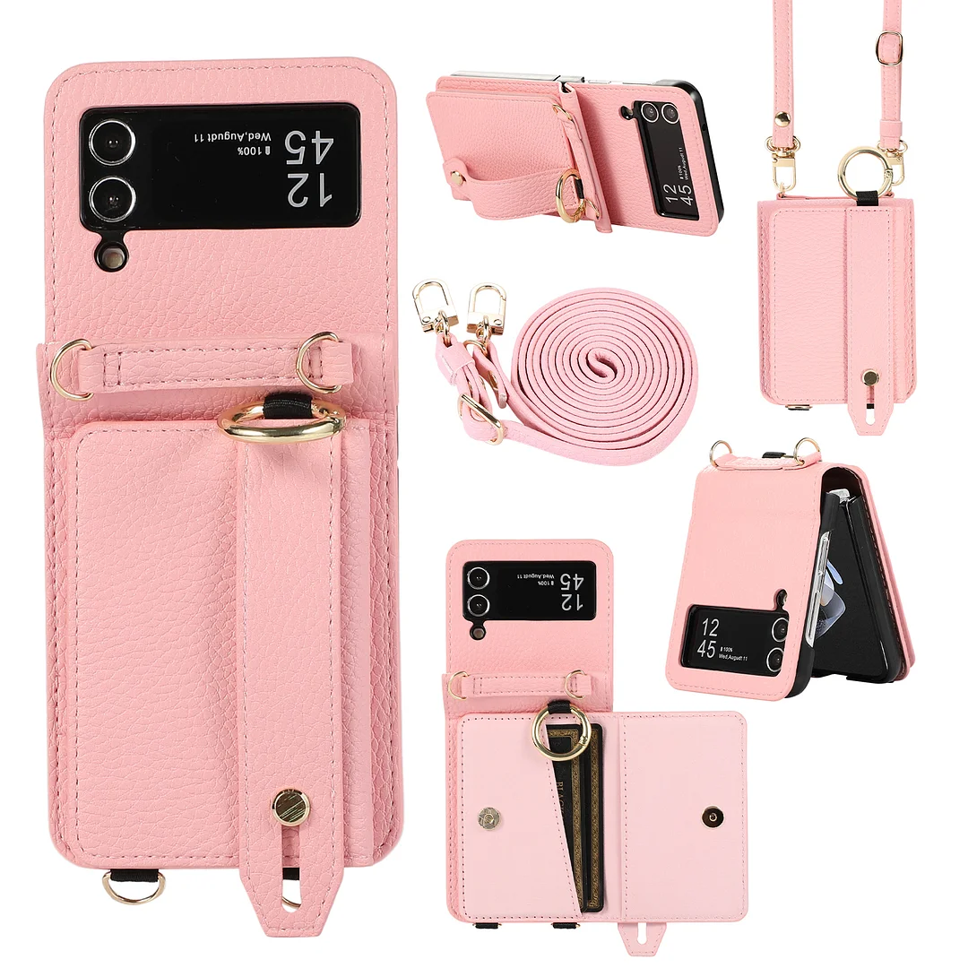 Luxury Crossbody Leather Phone Case With 2 Cards Slot,Kickstand,Detachable Lanyard,Wristband And Hinge For Galaxy Z Flip3/Z Flip4/Z Flip5
