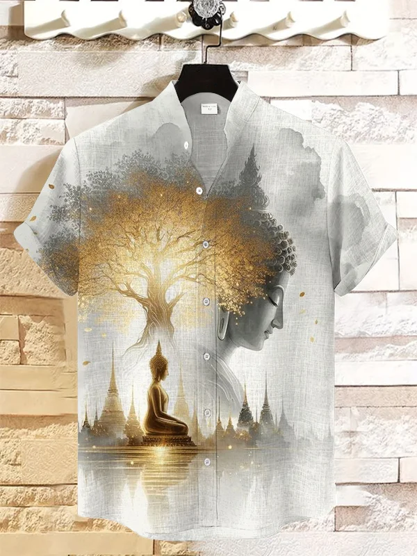 Men's Buddha's Light Print Short Sleeve Linen Blend Shirt