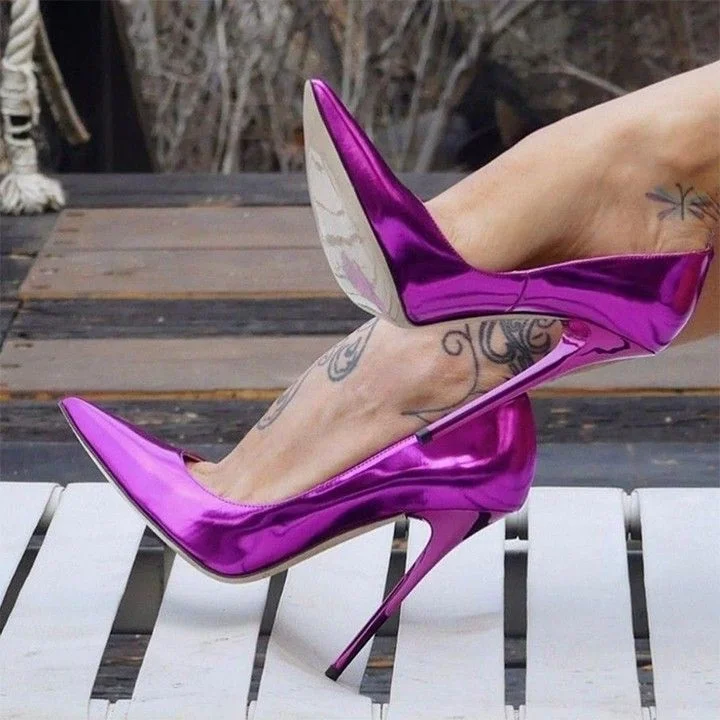 FSJ Purple Metallic Stiletto Heels Party Pointed Toe Pump Shoes |FSJ Shoes